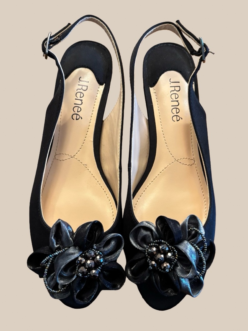 J Renee Leonelle Black Satin Slingback Kitten Heels Flower Crystal Peep Toe 8.5M